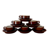 Vintage set of 6 brown glazed bistro cups and saucers.