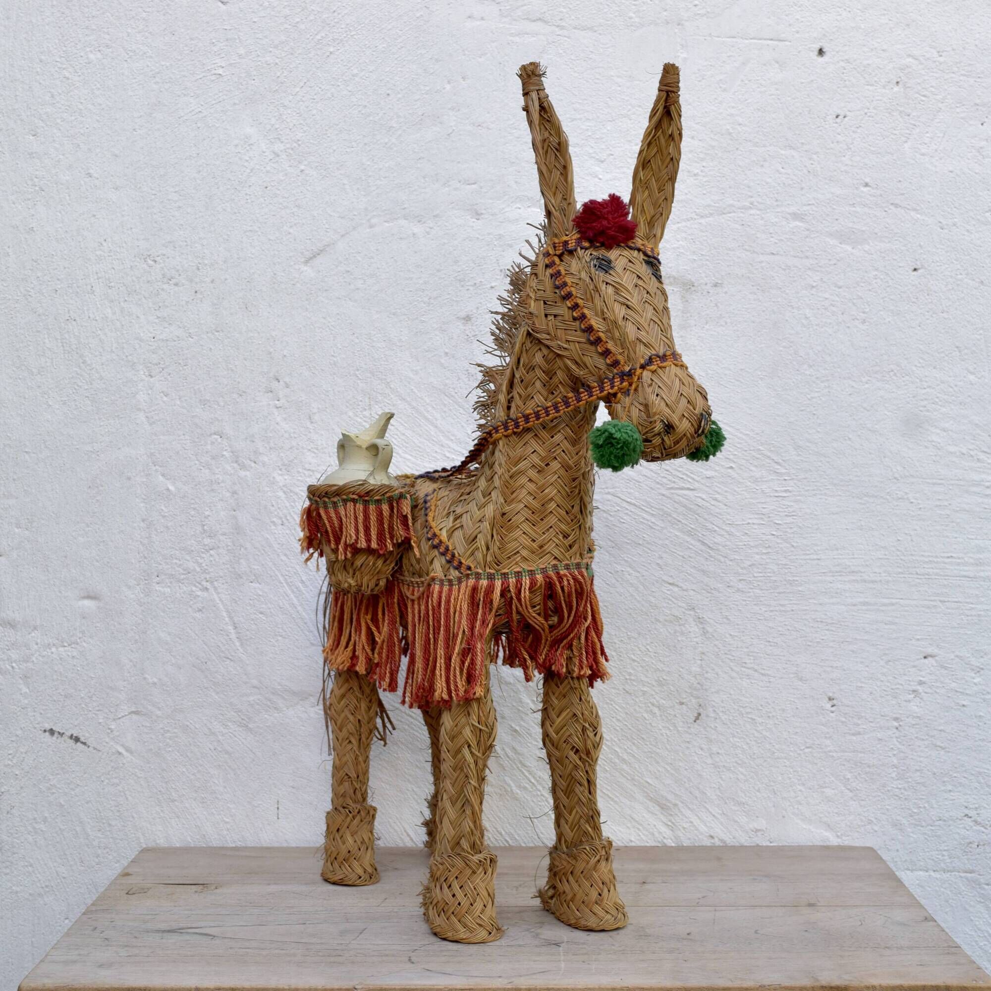 Spanish decorative donkey in raffia carrying two jars - 62 cm high - 1950