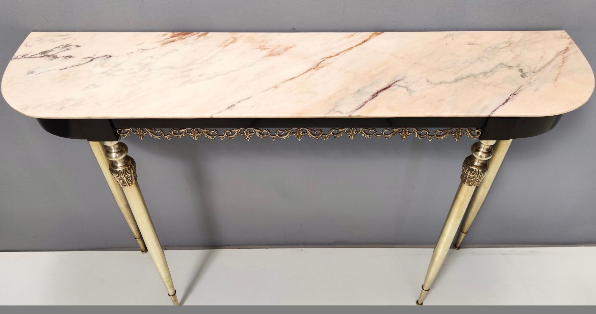 Midcentury ebonized beech console table with a portuguese pink marble top, italy
