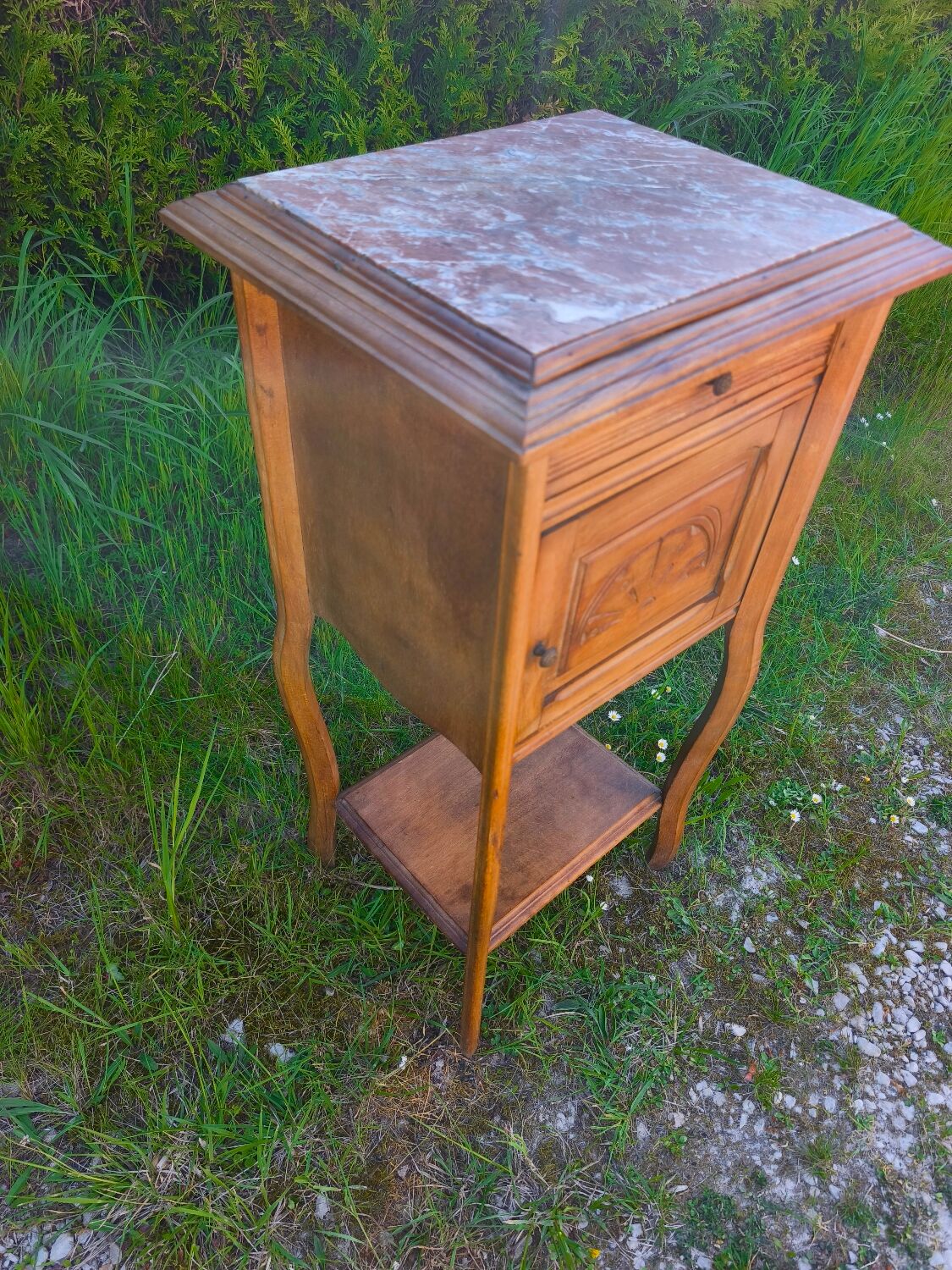 Louis XV style bedside table in wood veneer and marble