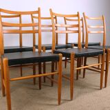 Series of 6 Swedish chairs in Elm and black Skai by Yngve Ekstrom for Gemla 1960.