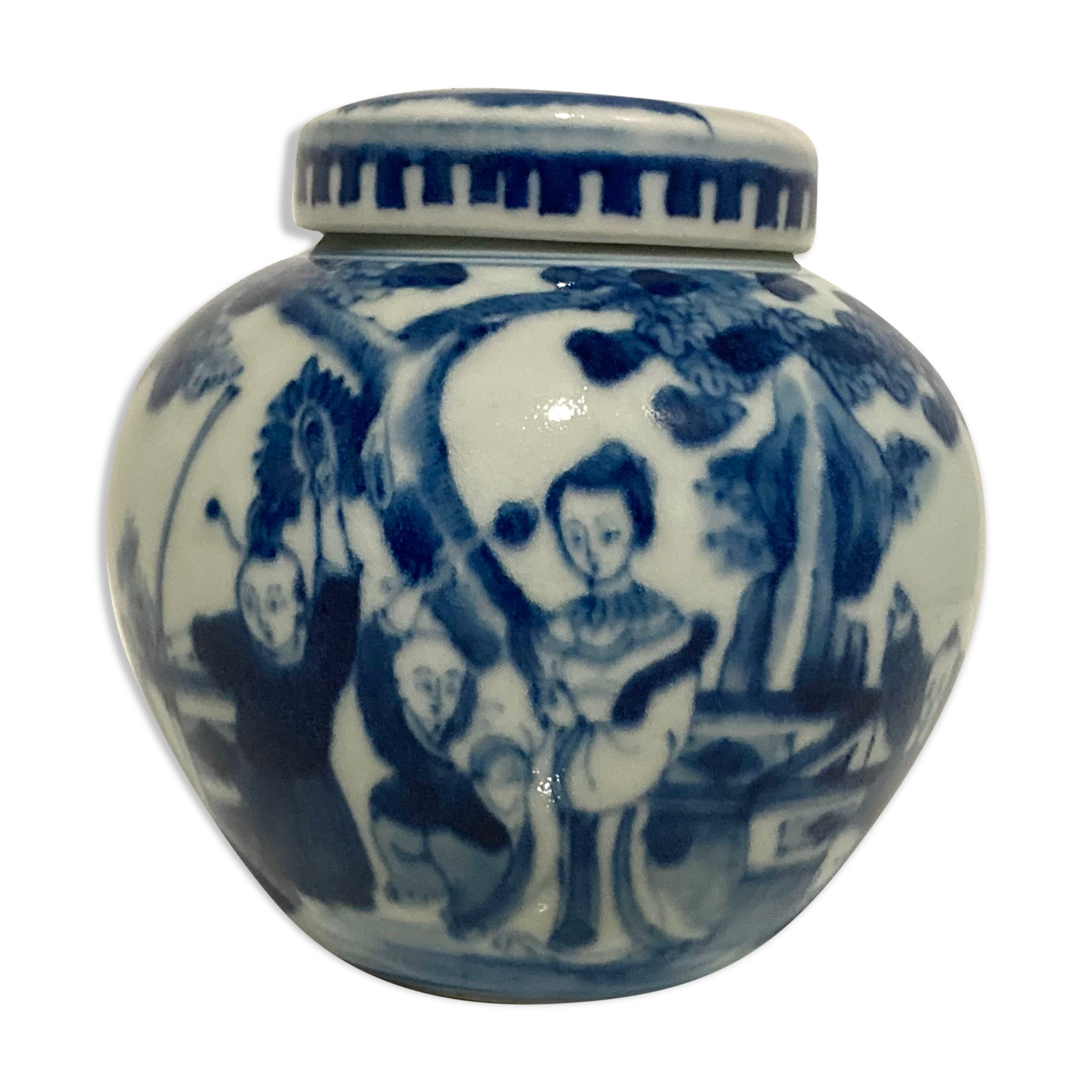 Chinese covered jar in blue white porcelain
