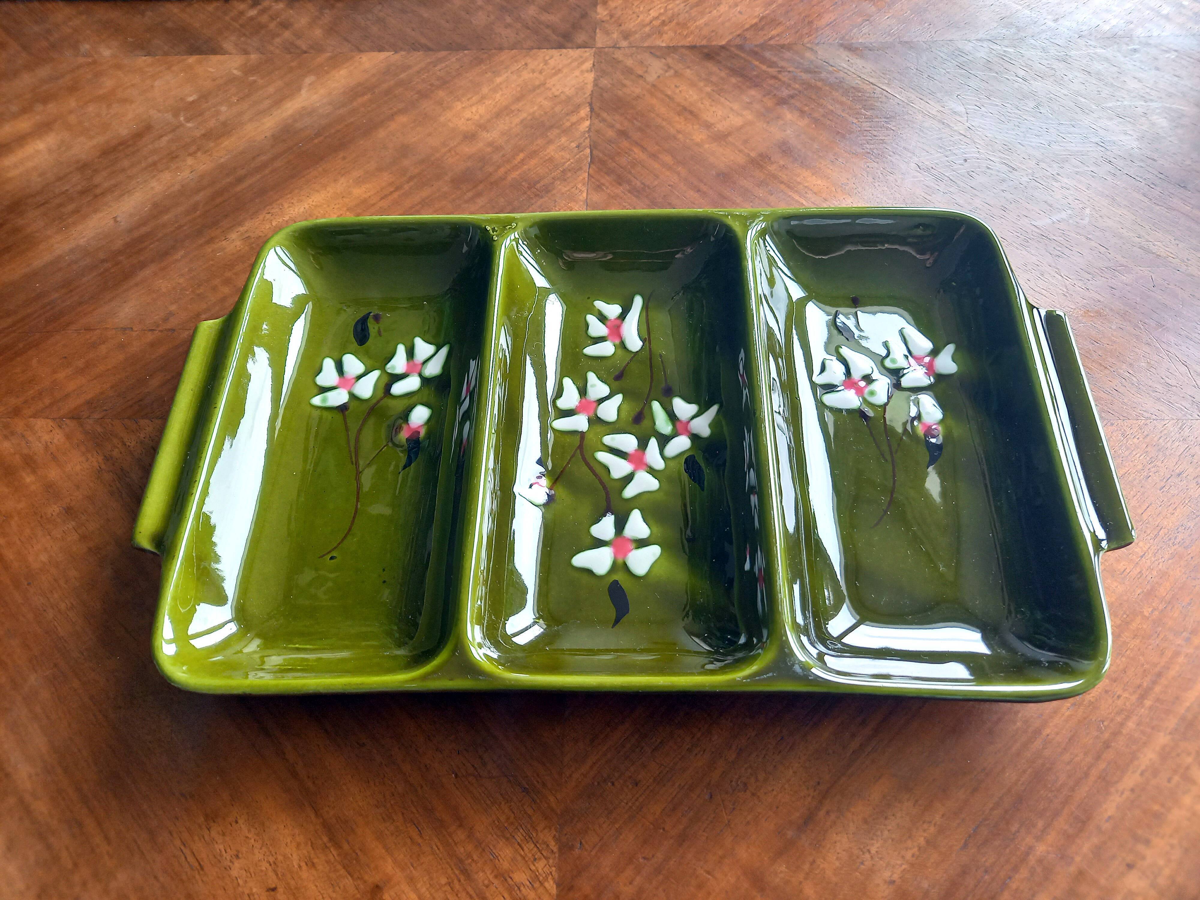 Former servant 3 compartments Glazed ceramic Signed Poët-Laval Vintage pottery 50s