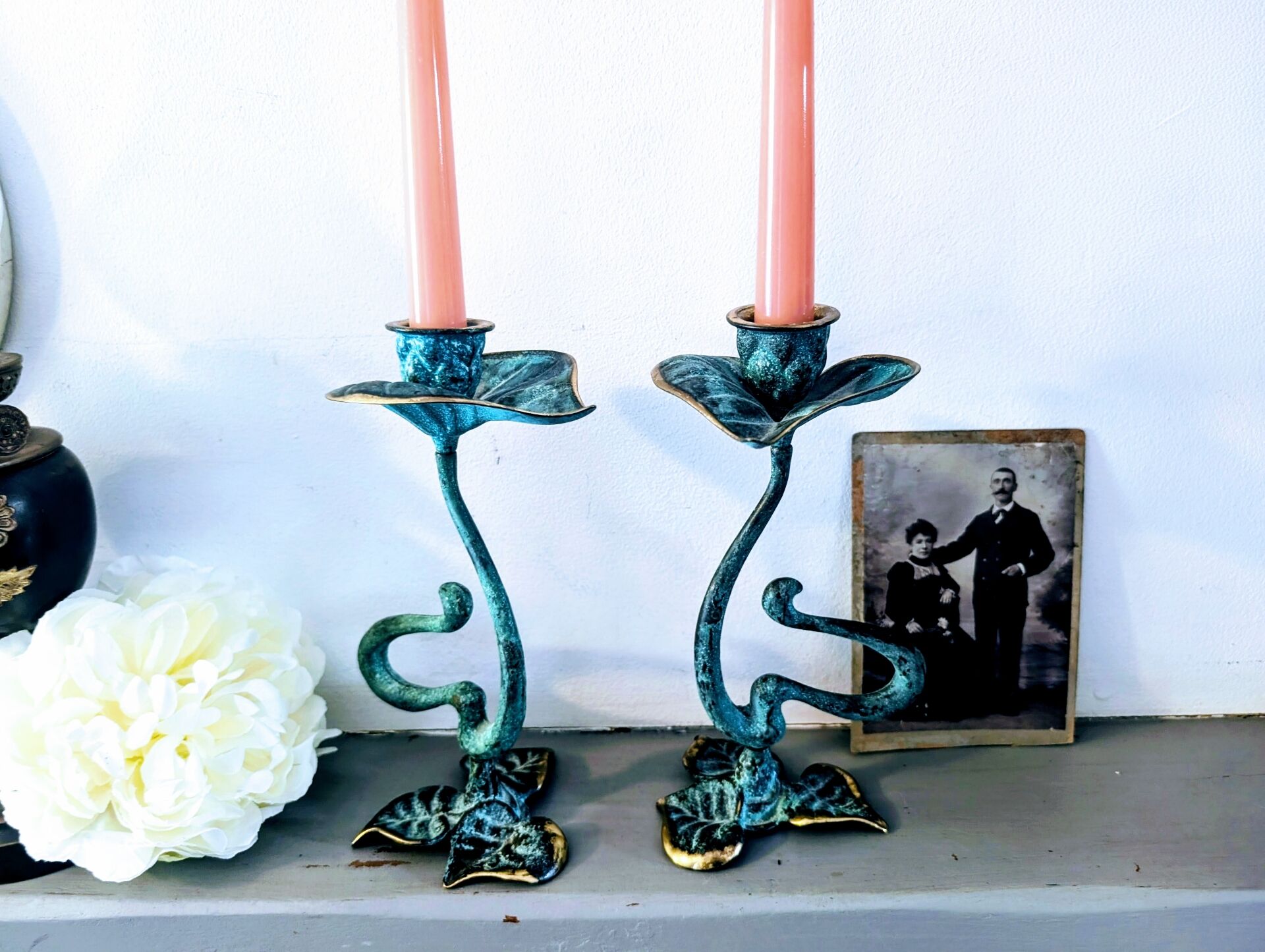 Pair of patinated greenish-blue bronze candlesticks Art Nouveau style