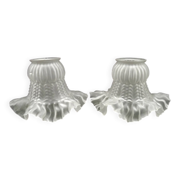 Pair French 1930s White Opaque Patterned Glass Replacement Shades 0161