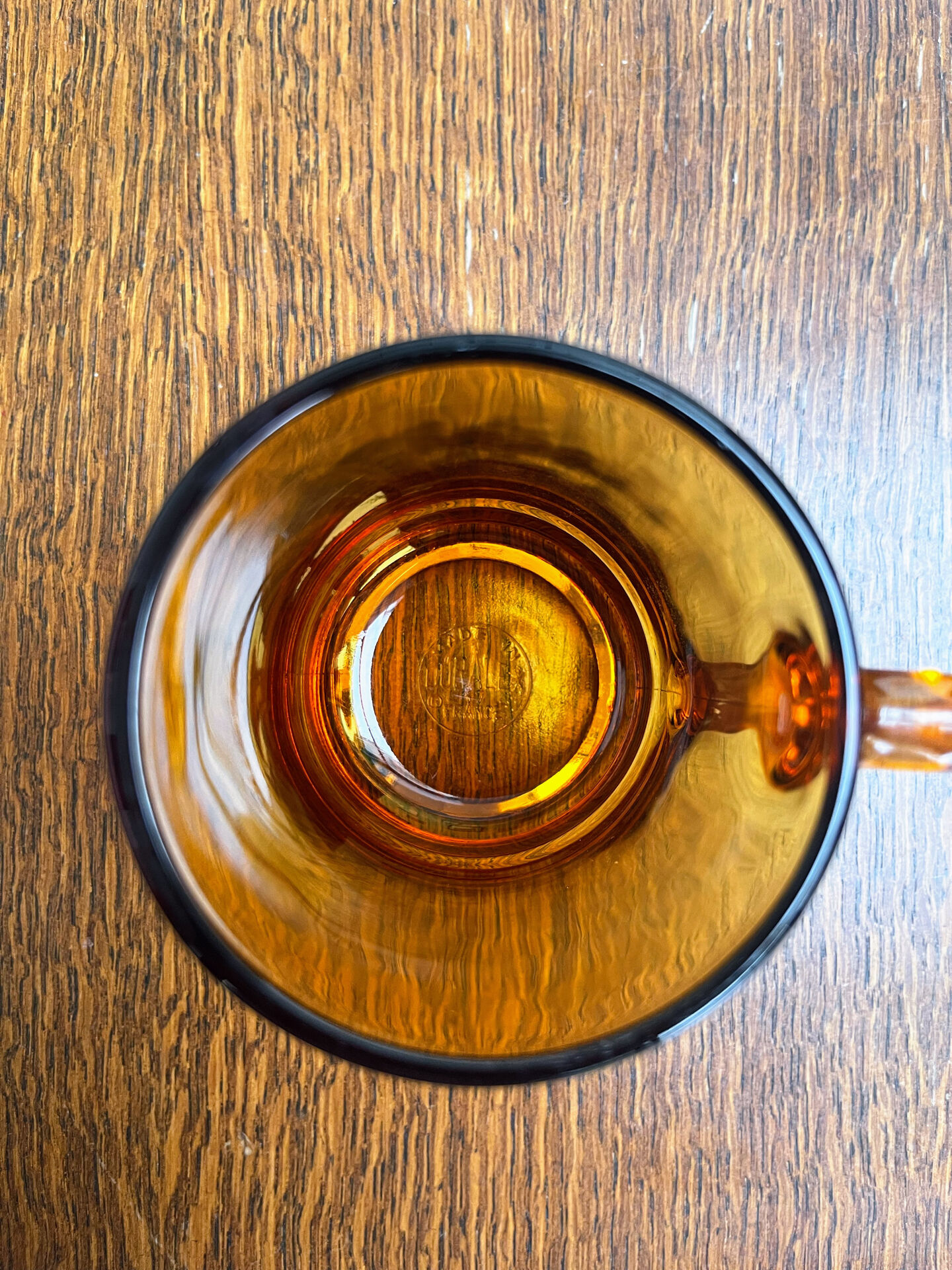 8 vintage Duralex amber glass mugs