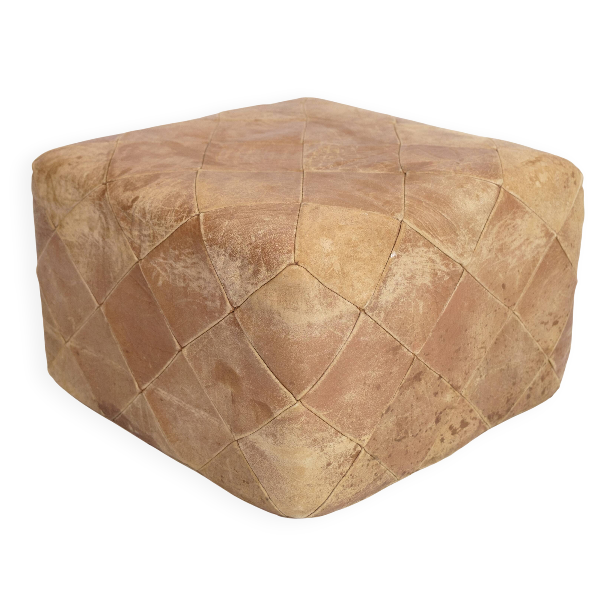 Vintage leather pouf - natural leather - natural patina - hand-sewn - square - 1970s
