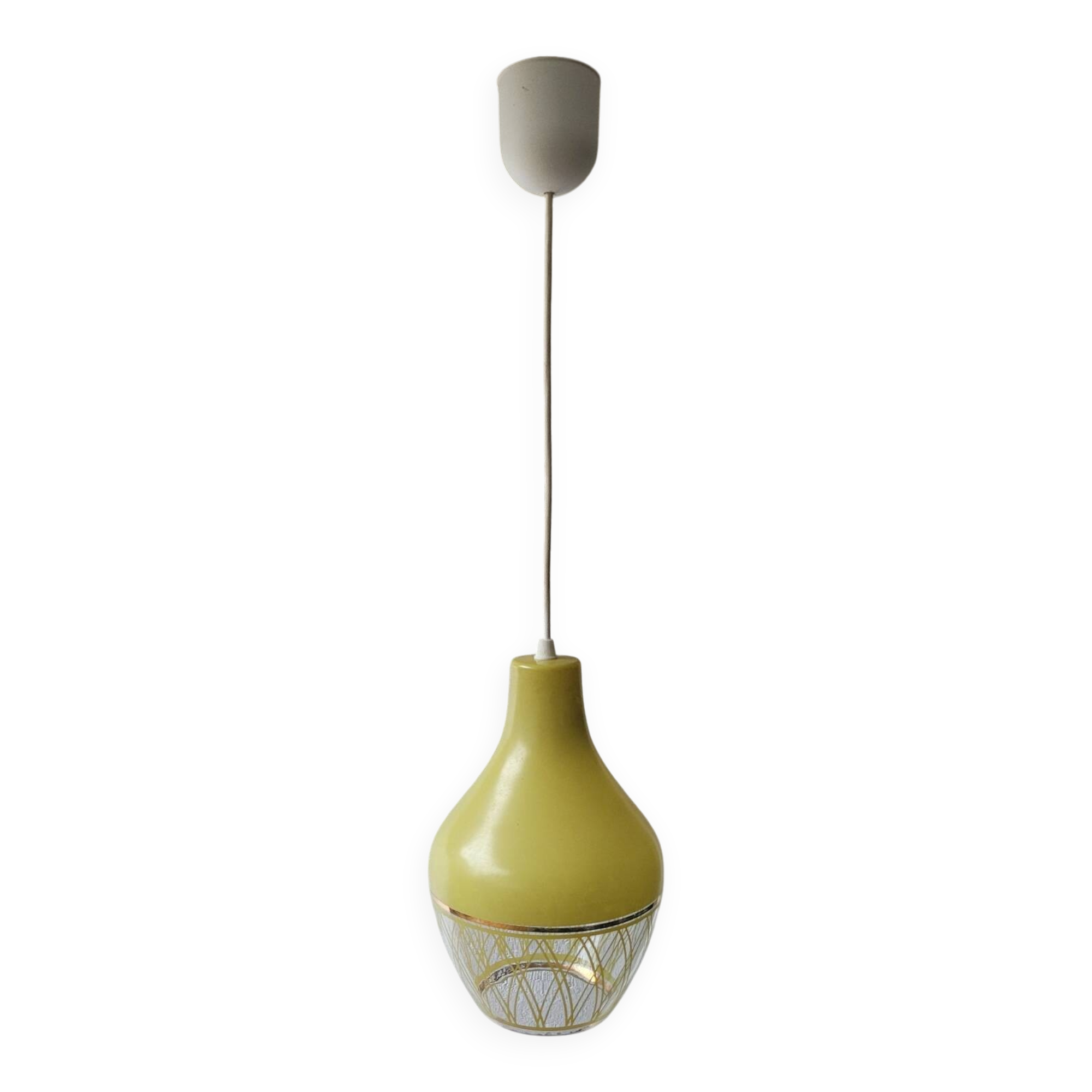 Suspension en verre opalin jaune chartreuse & décor géométrique doré