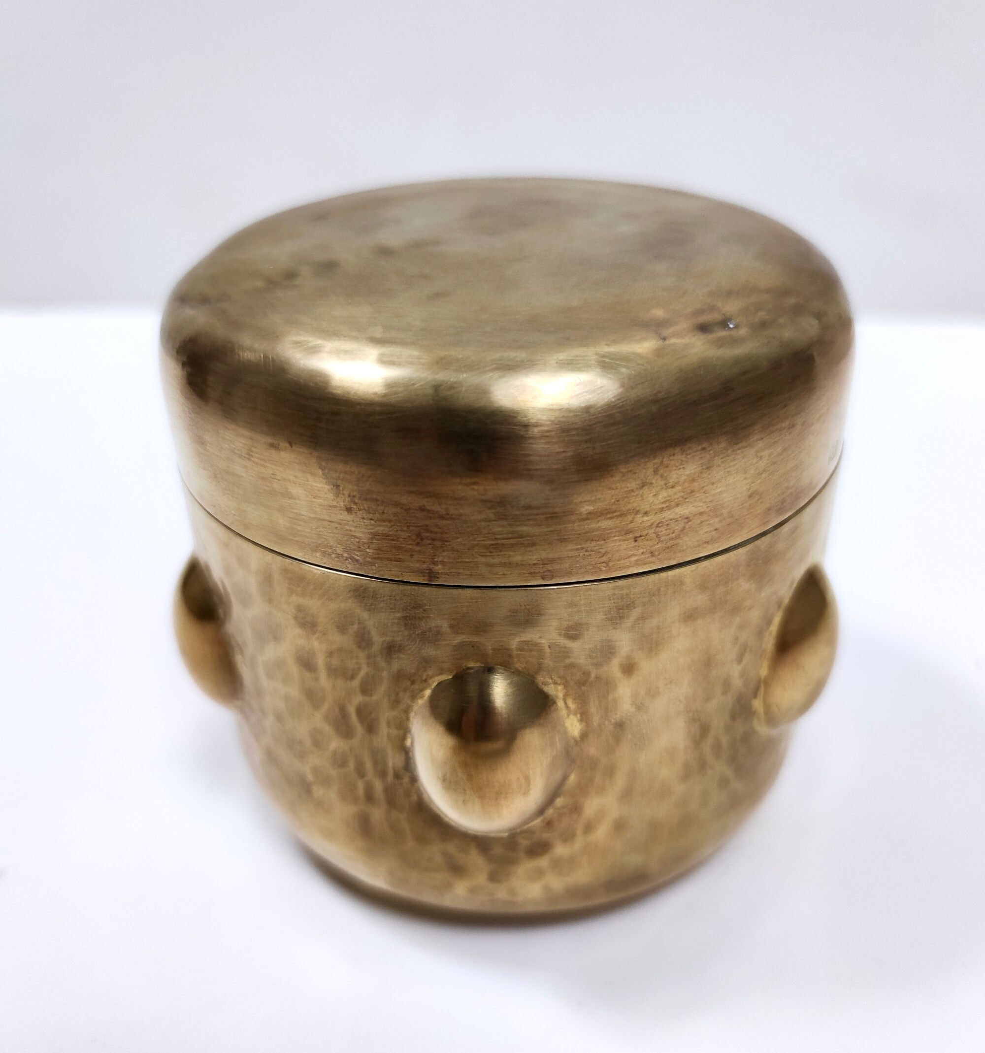 Vintage cylinder embossed brass storage box, italy