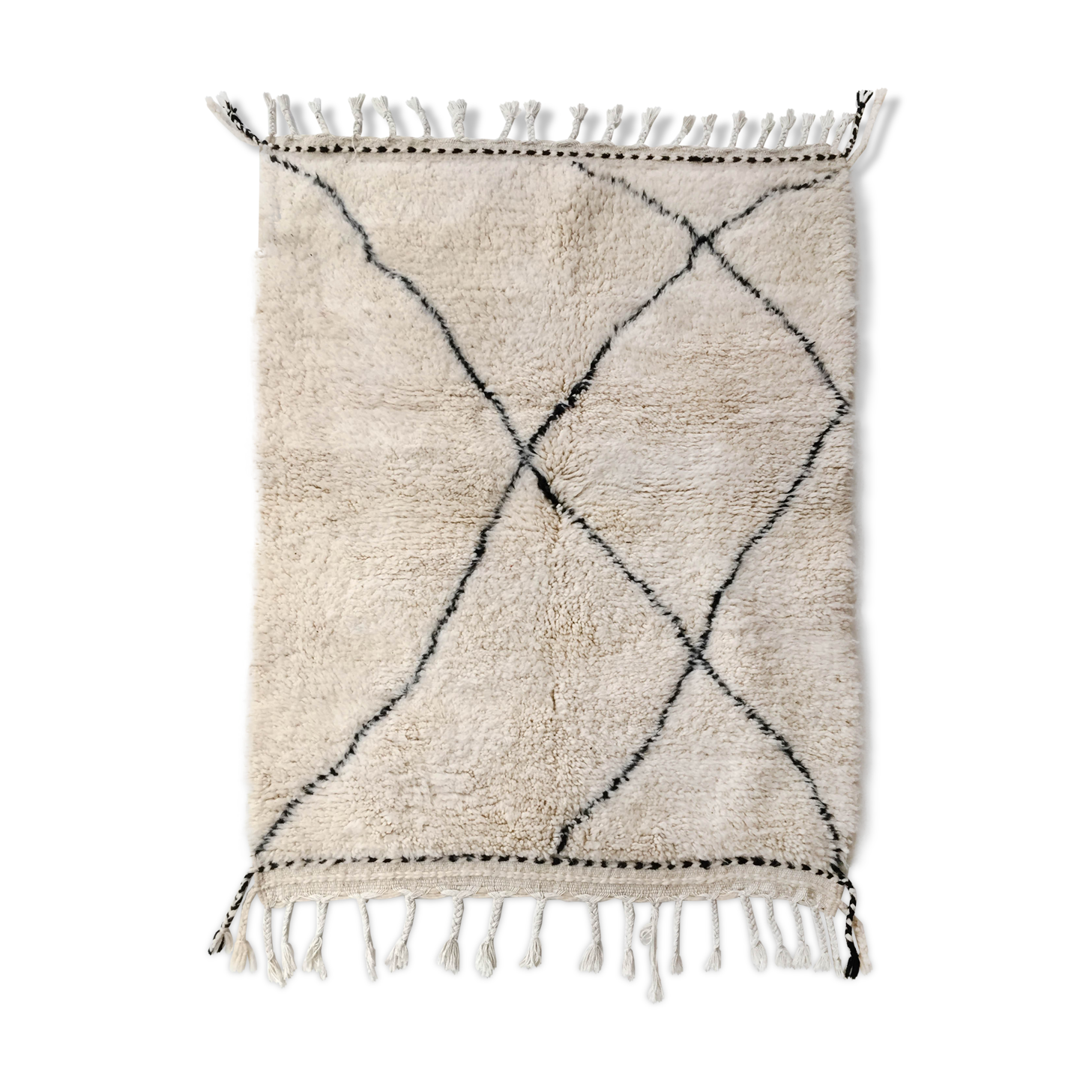 Moroccan Berber carpet blessed ouarain ecru with black abstract diamonds 154x116cm