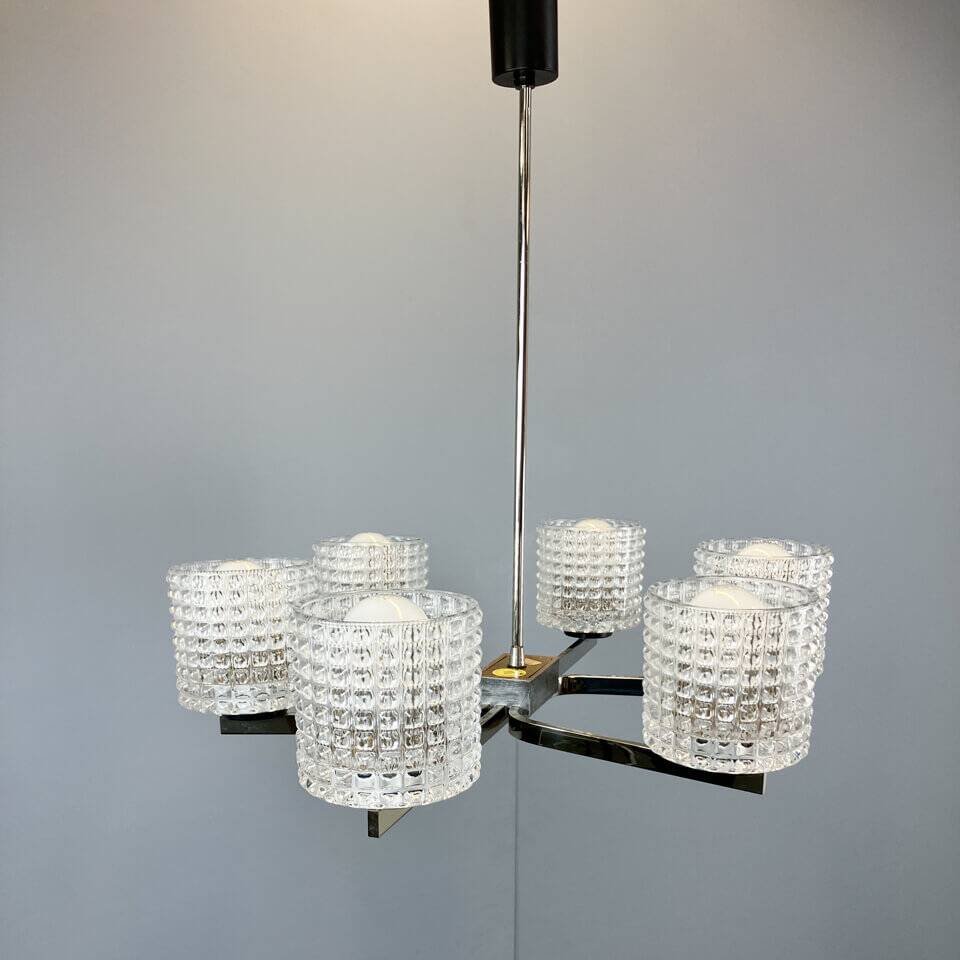 Six-light chandelier by Kaiser Leuchten, chrome, glass, vintage of the 60s