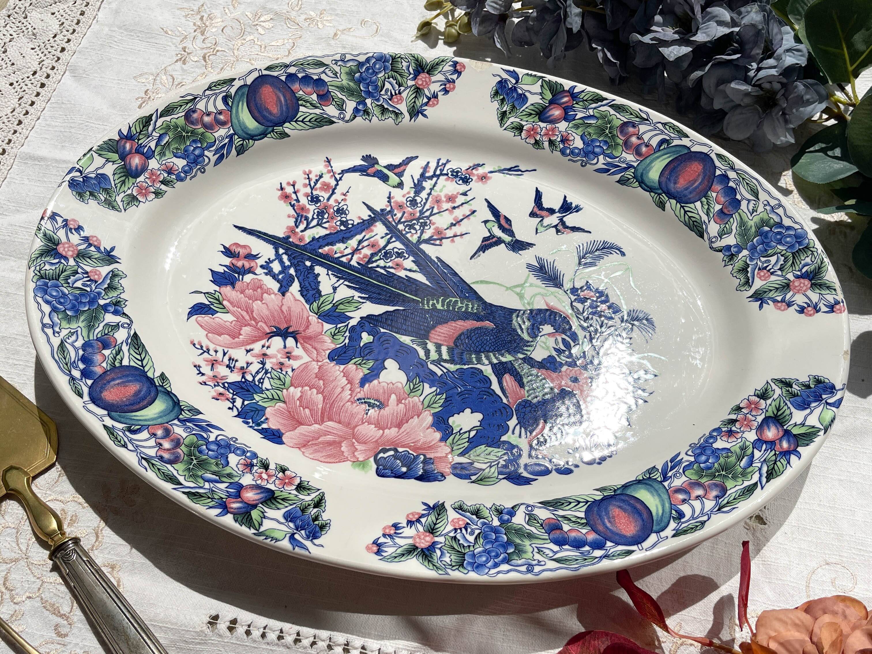 Large antique oval platter in Italian Stoviglierie earthenware – blue, green, and pink bird and flower motif