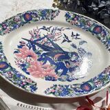 Large antique oval platter in Italian Stoviglierie earthenware – blue, green, and pink bird and flower motif