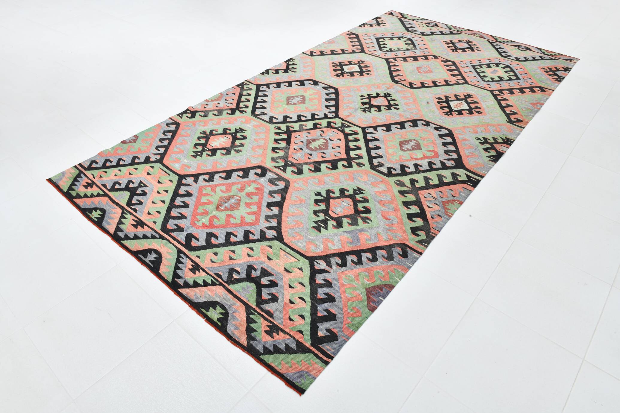 Tapis Kilim Vintage Pastel Fait Main, Motifs Géométriques Turcs, 175x336 Cm