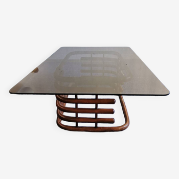 Grande table basse bambou verre fumé année 60