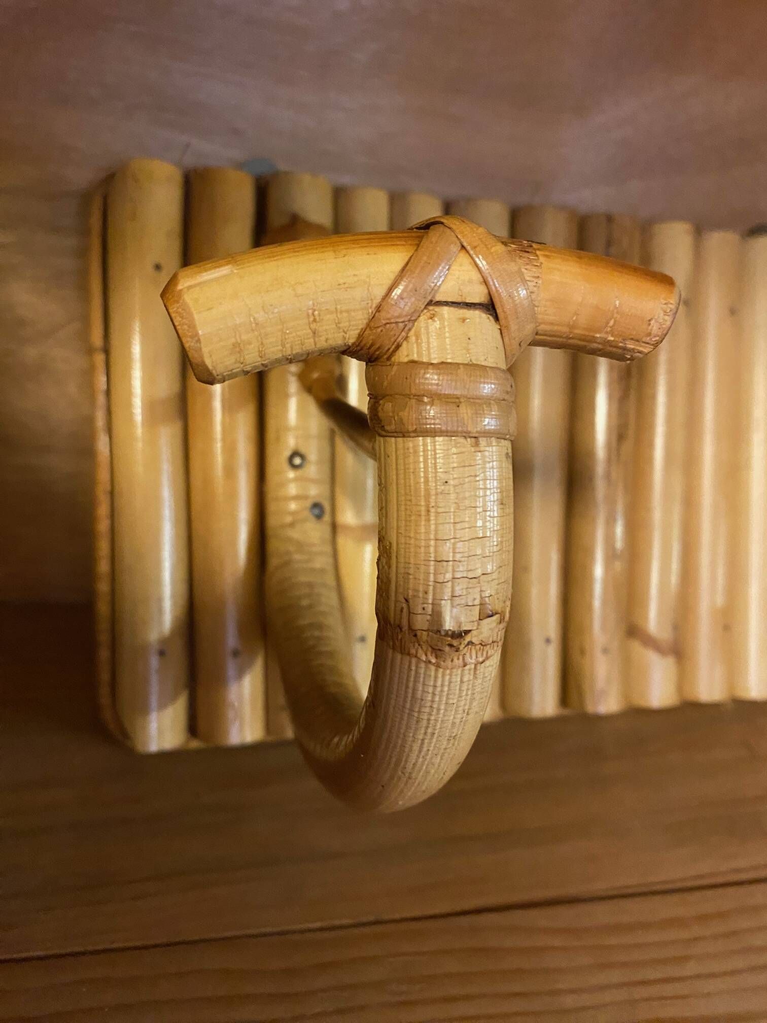 Vintage rattan coat rack with double hanging pegs