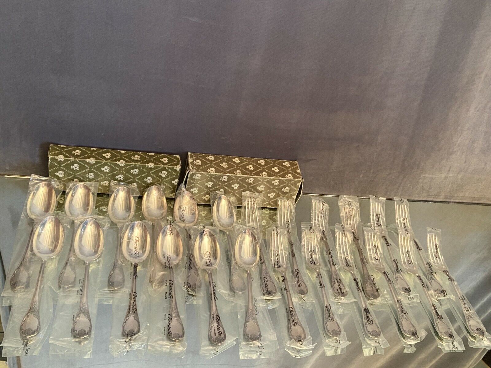 12 large spoons 12 forks silver metal Christofle Marly in blister