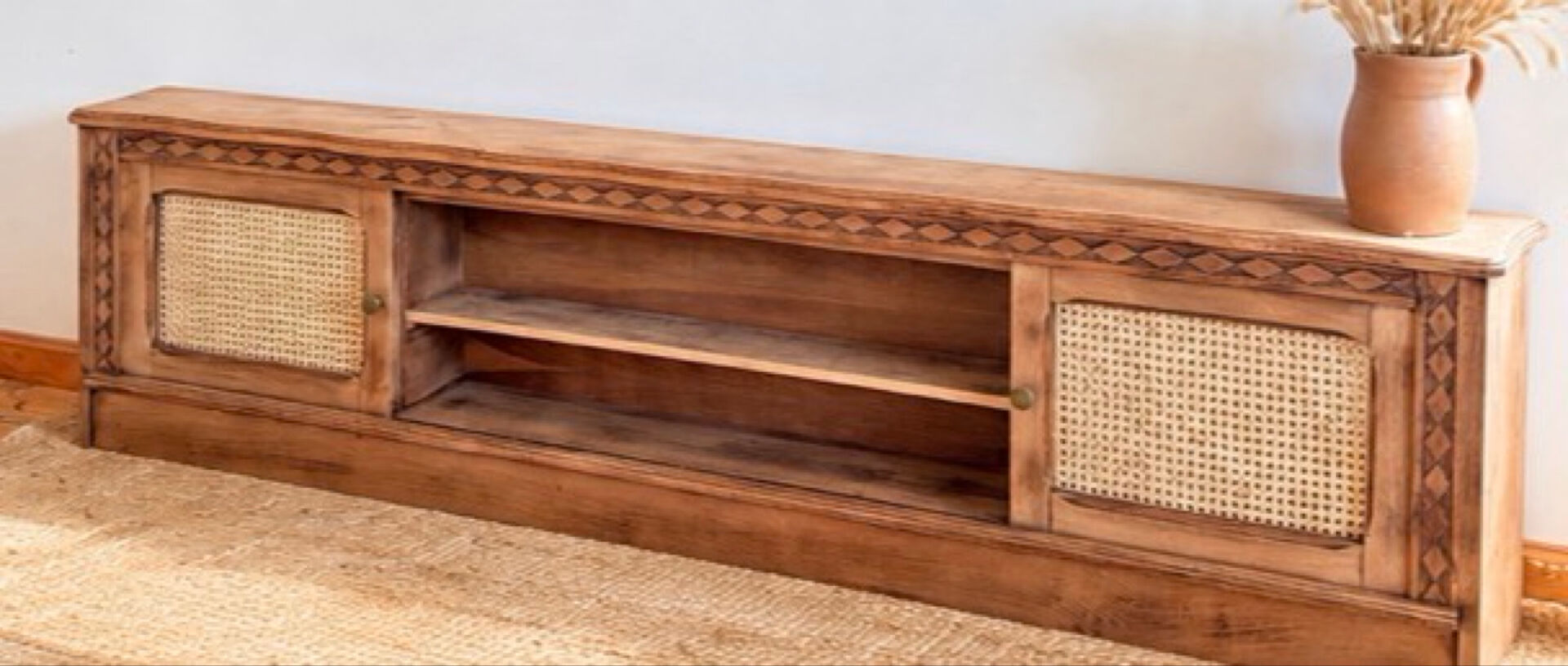 Vintage oak sideboard TV unit with raw finish and caning.