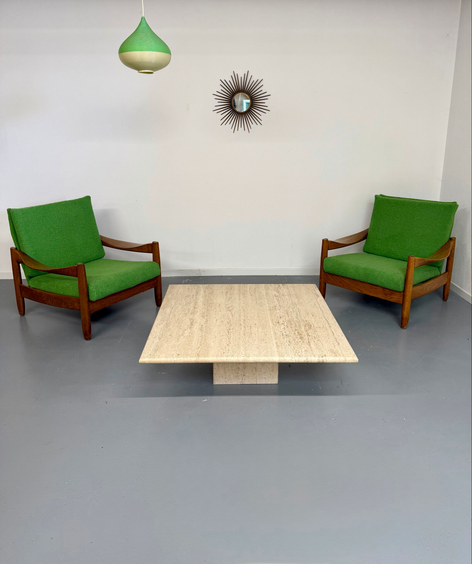 Lot of 2 vintage armchairs in solid oak with boucle fabric, Scandinavian design from the 70s.