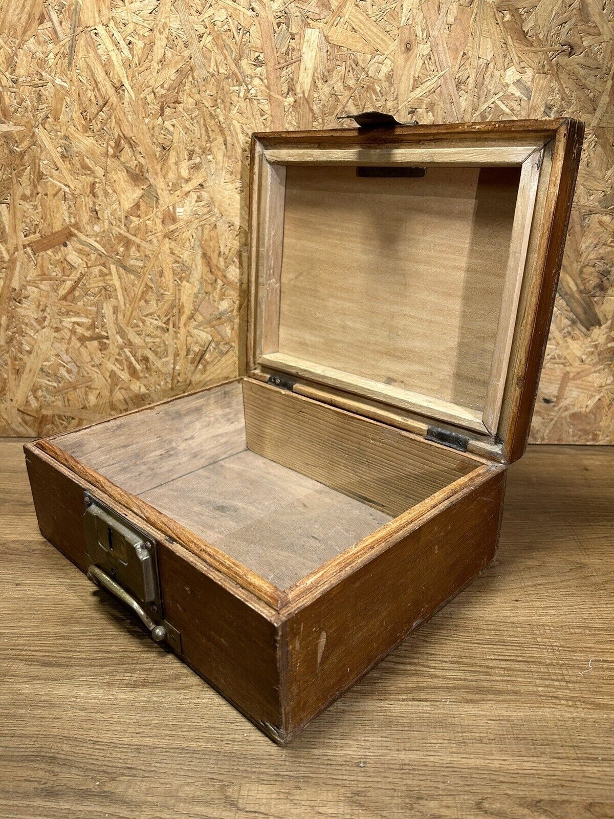 Old wood and brass box, decoration loft workshop, furniture of trades