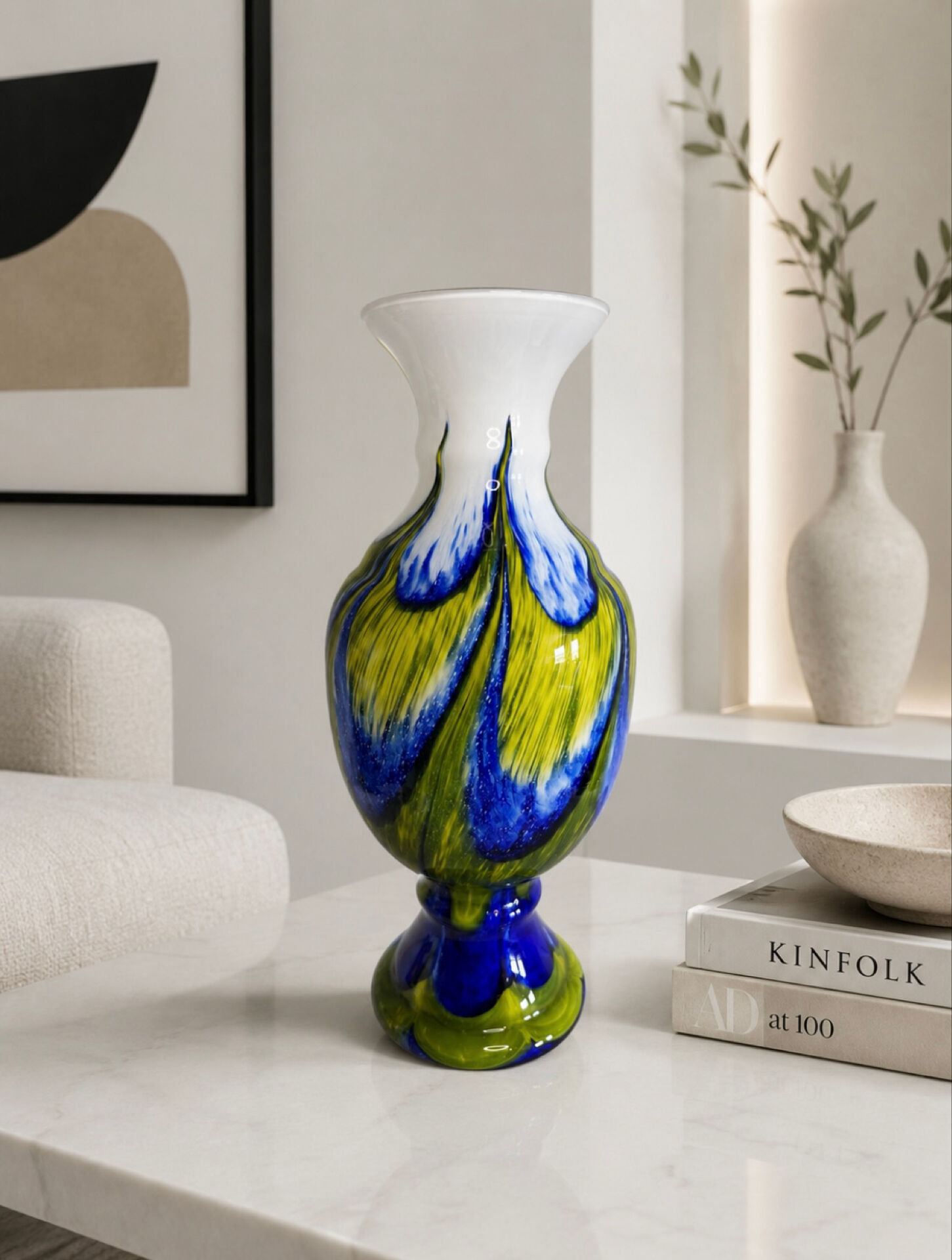 Large multicoloured blown glass vase – White, cobalt blue and green.
