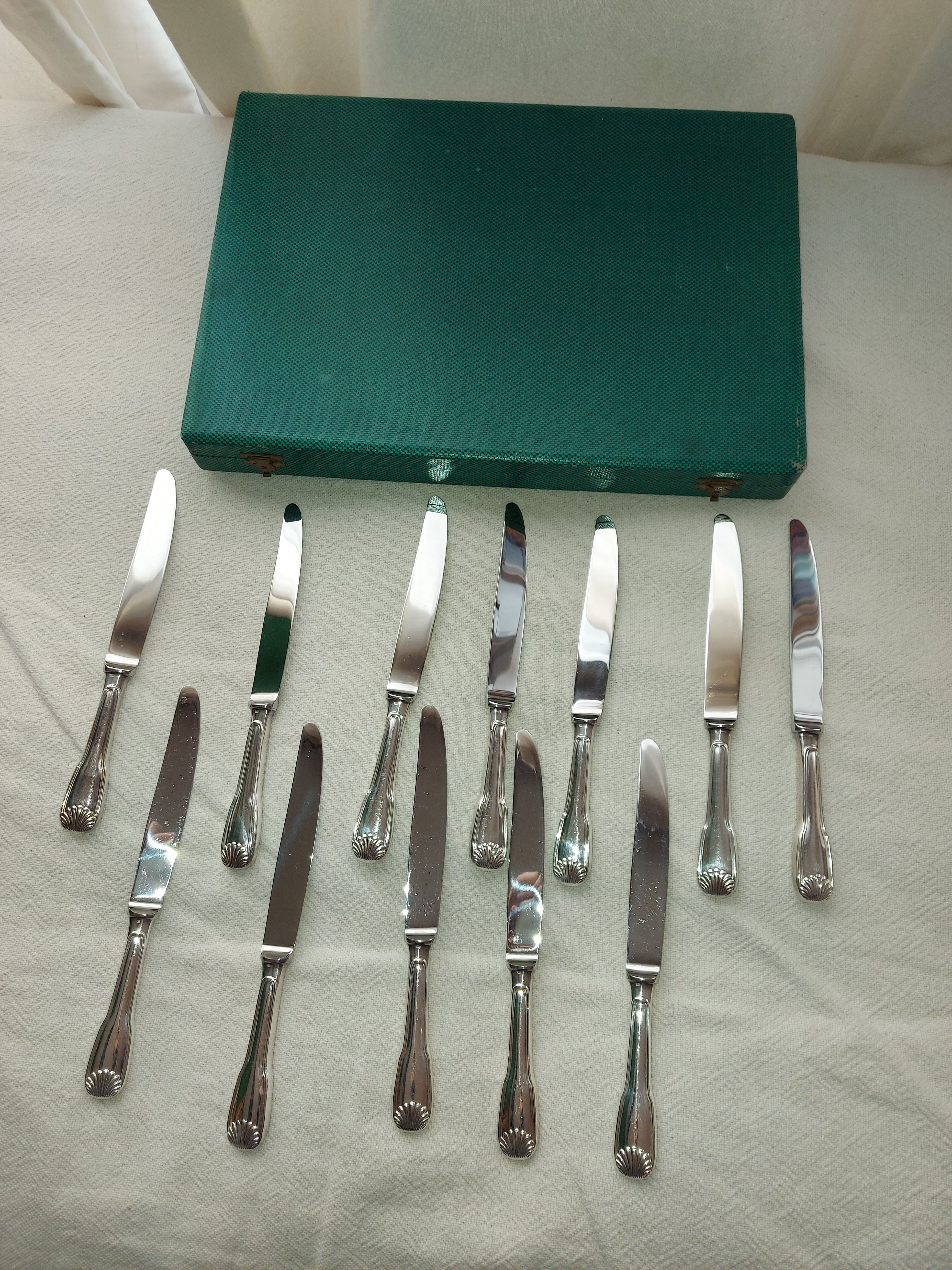12 Silver Metal Ercuis Table Knives Box