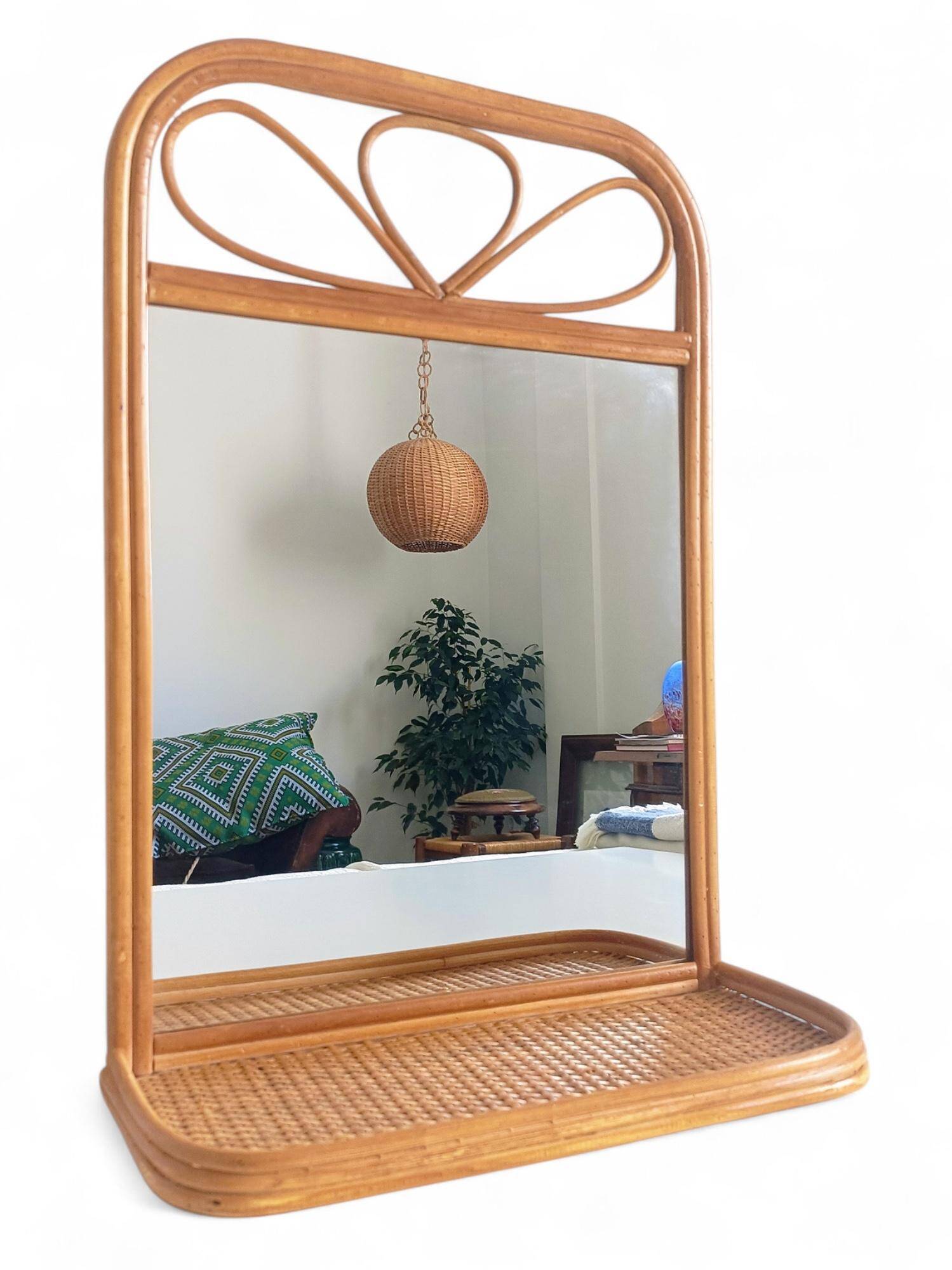 Mid Century French Riviera Rattan and Wicker Mirror With Shelf, Spain, 1960s–70s