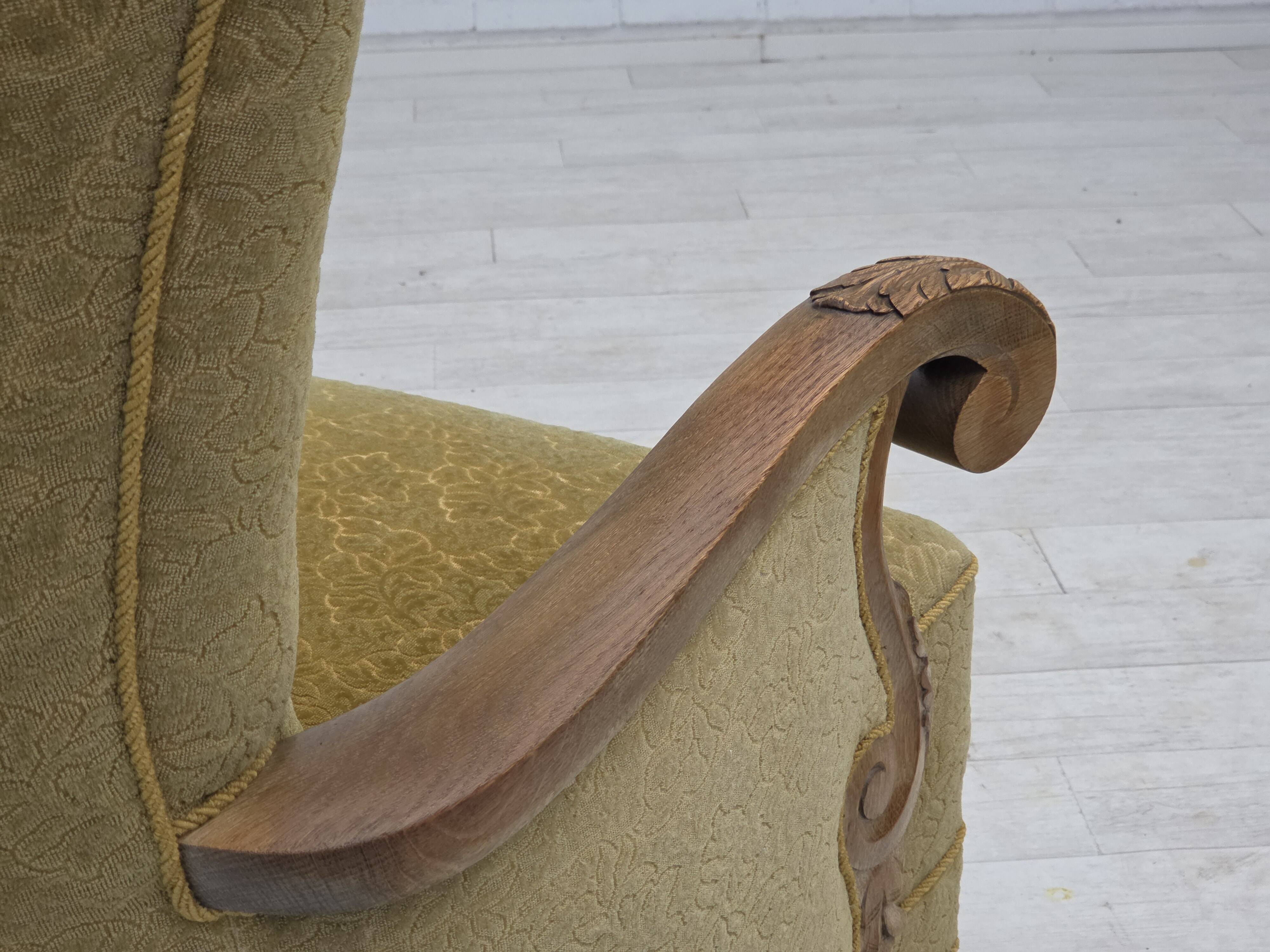 1960s, Danish highback armchair, furniture cotton/wool fabric, oak wood.