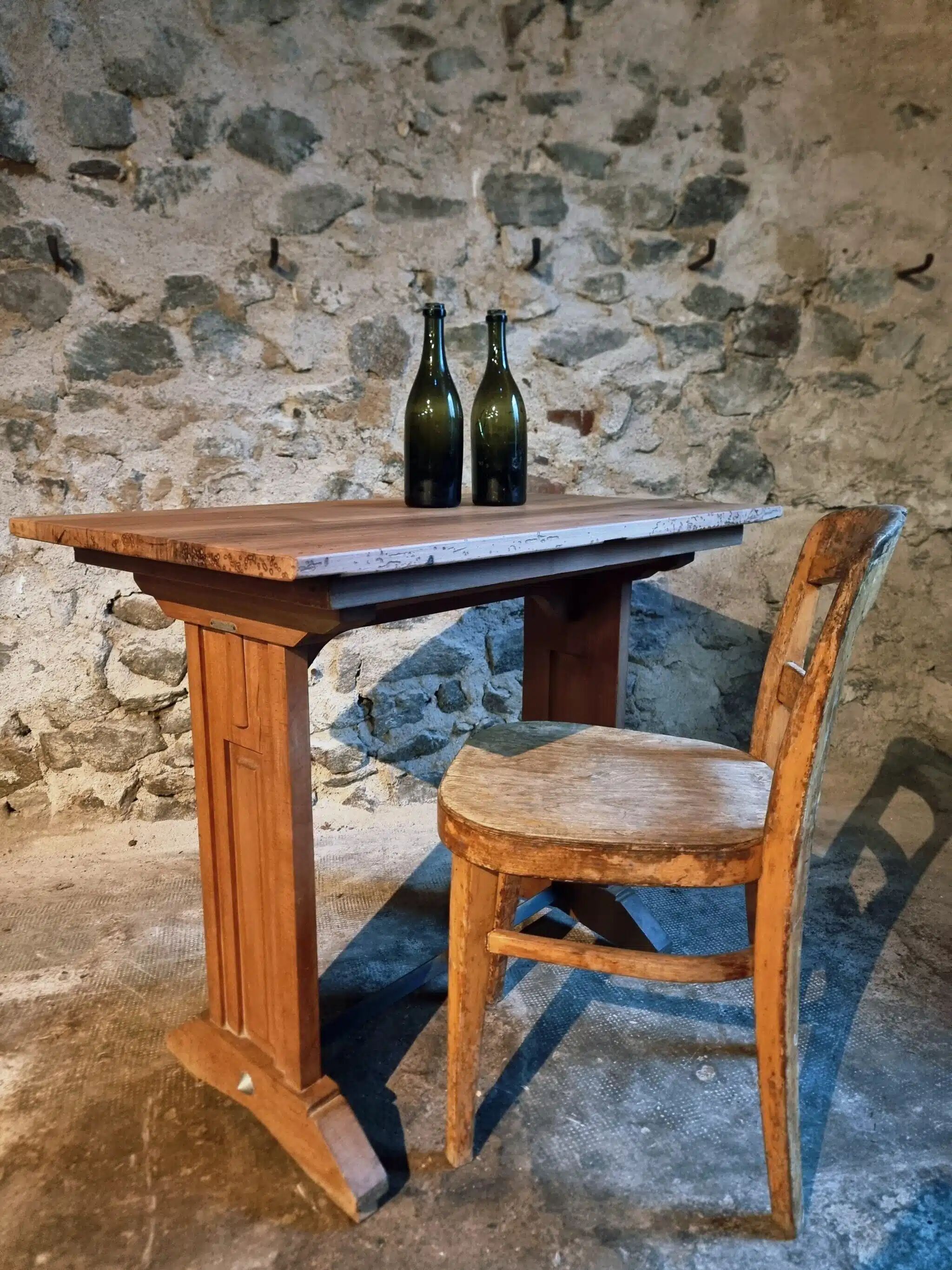 Vintage 1930s French bistro table – beech base, walnut top and nickel-plated stand