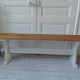 Vintage bench re-enchanted in pearl gray, wooden seat.