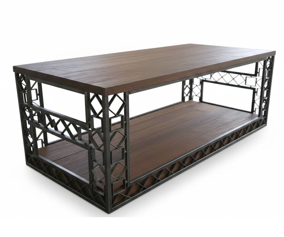 "Signature" coffee table - Cut steel & solid wood - Artisan design