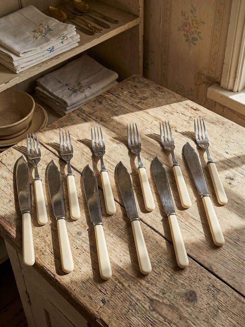 Rodgers Sheffield silver-plated fish service with ivorine vintage.