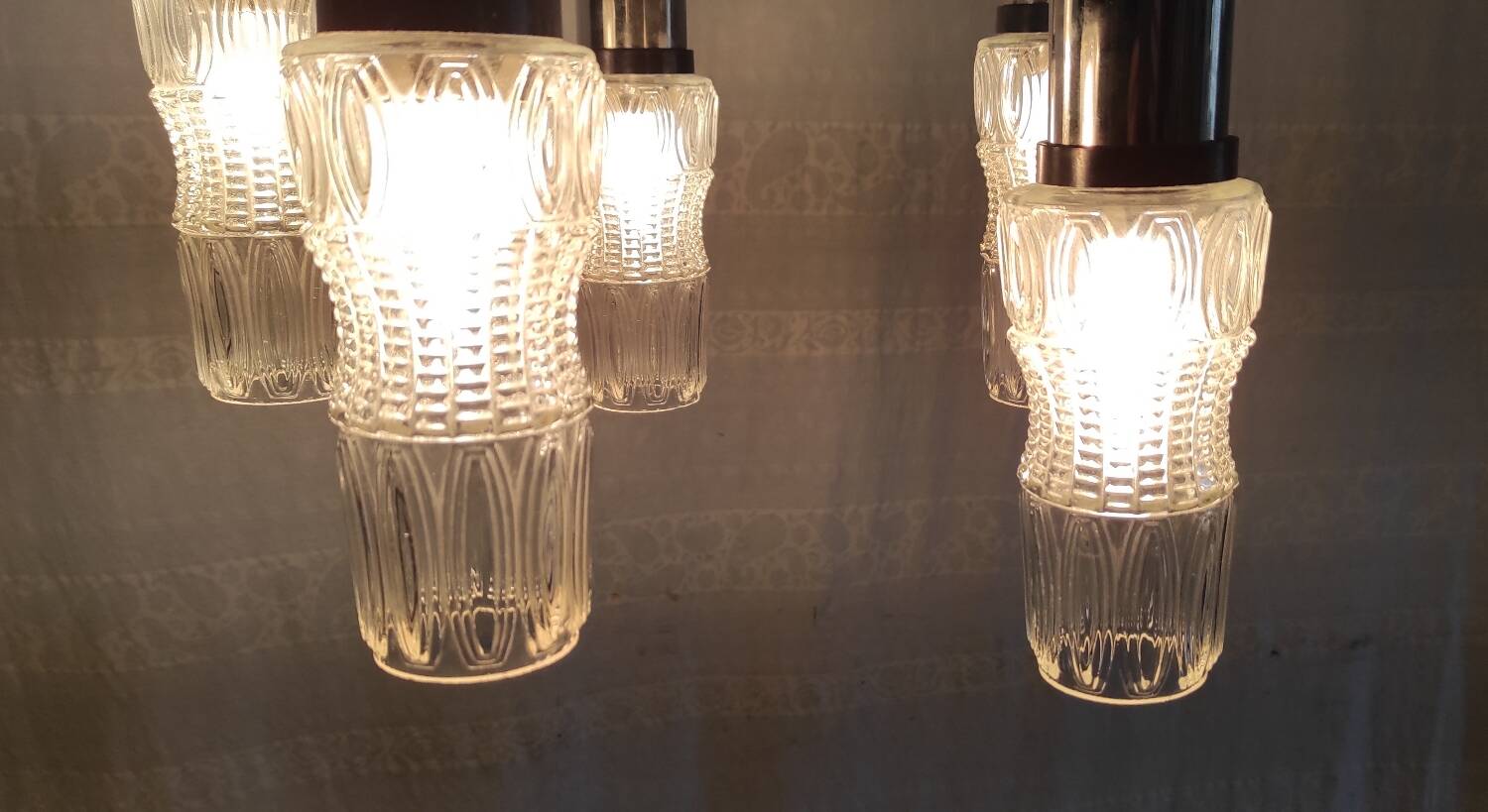 5-light chrome metal and molded glass pendant light - 70's