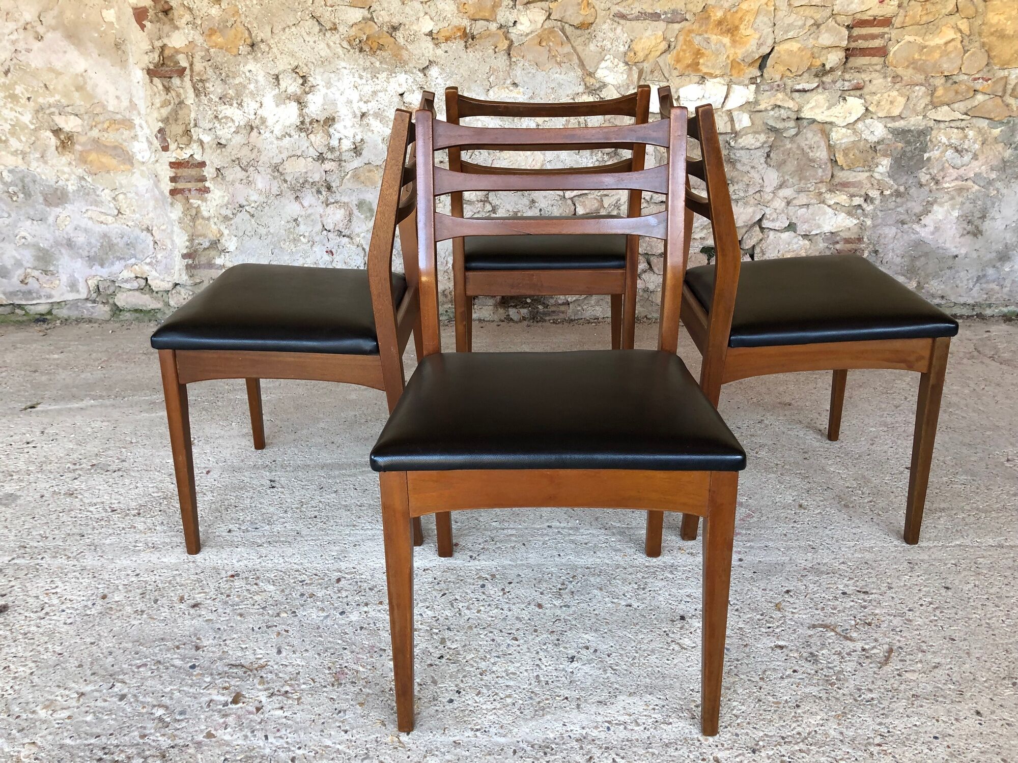 Set of 4 Scandinavian chairs teak and black skai 60s