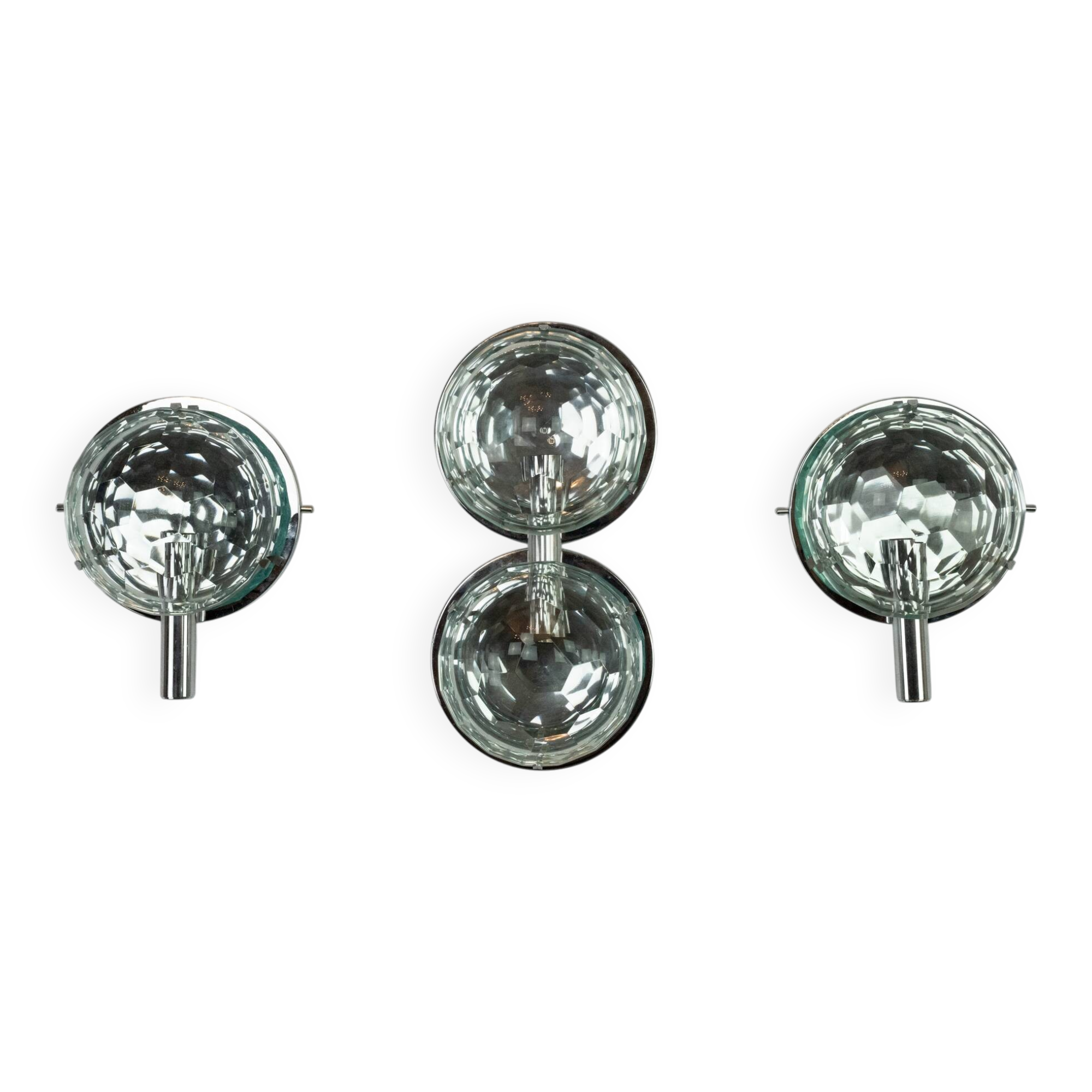 Set of three Cristal Art sconces in chrome and cut glass. Italy 1970s