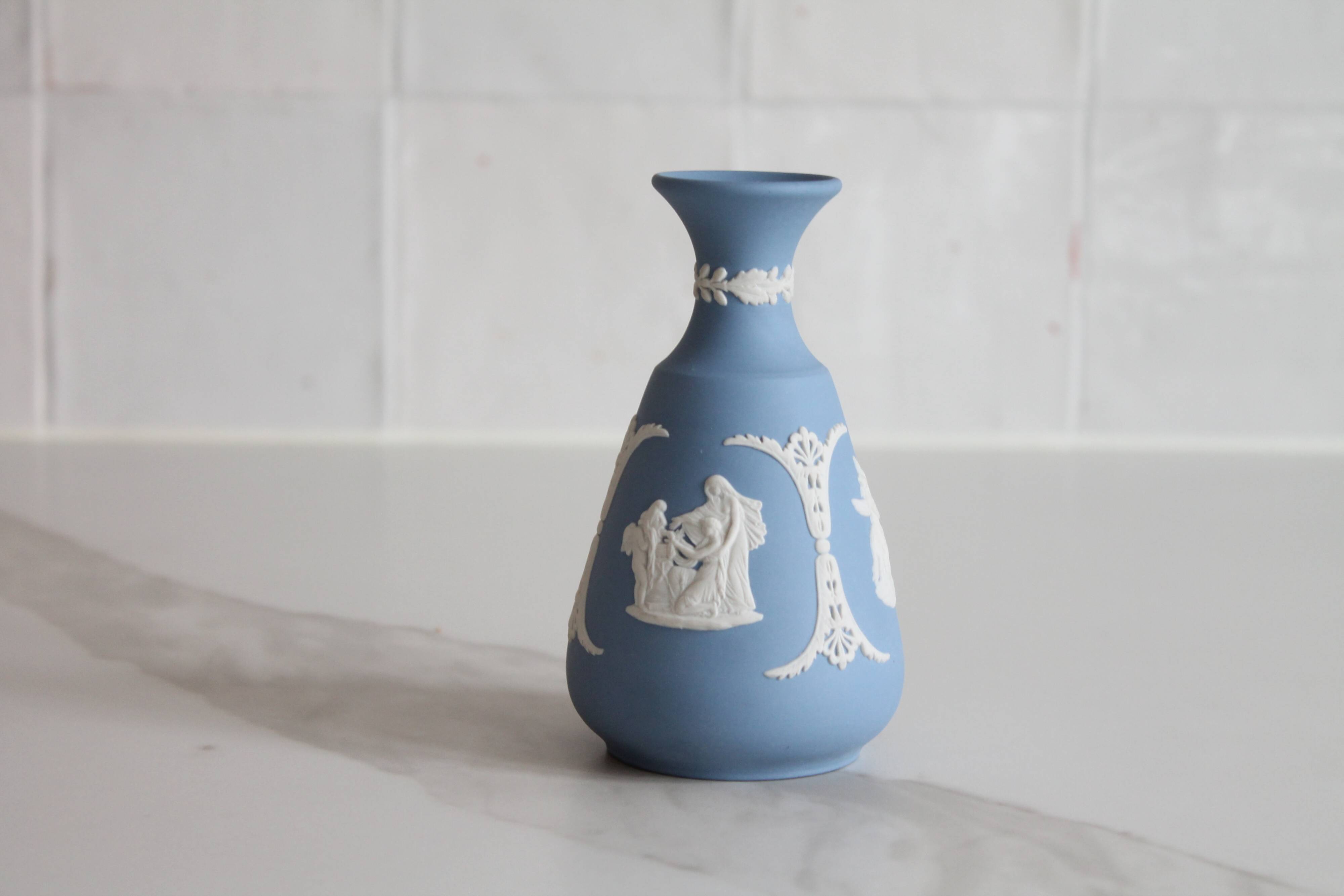 Blue porcelain vase by Wedgwood.
