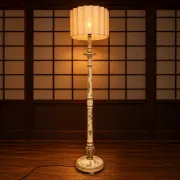 Lampadaire antique japonais peint à la main blanc et or (nouvel abat-jour)