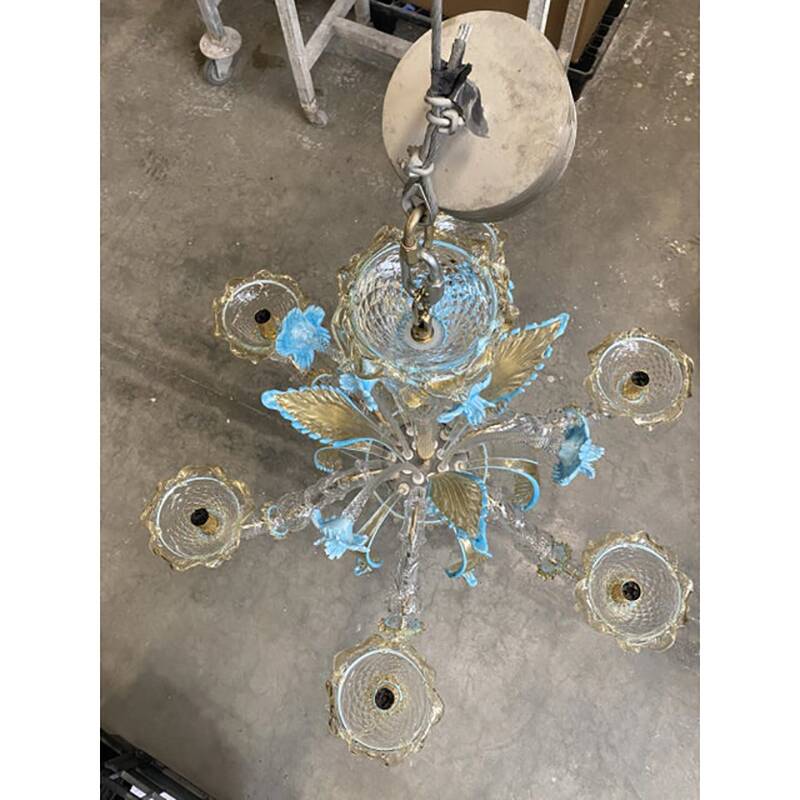 Contemporary Venetian Transparent-Gold Murano Style Glass Chandelier With Leaves and Turquoise Flowe