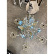 Contemporary Venetian Transparent-Gold Murano Style Glass Chandelier With Leaves and Turquoise Flowe