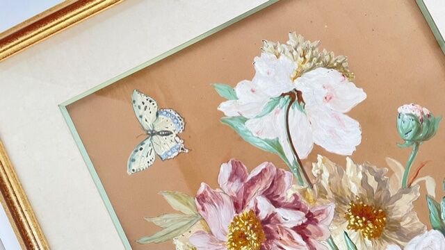 Vintage painting bouquet of peonies with butterflies 1890