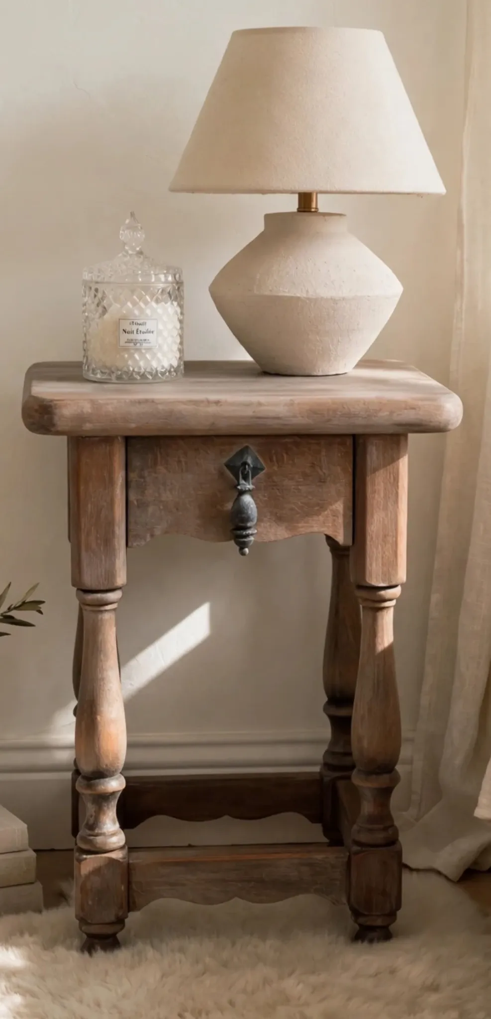 Rustic oak bedside table with a greige finish - 1 drawer - 45cm