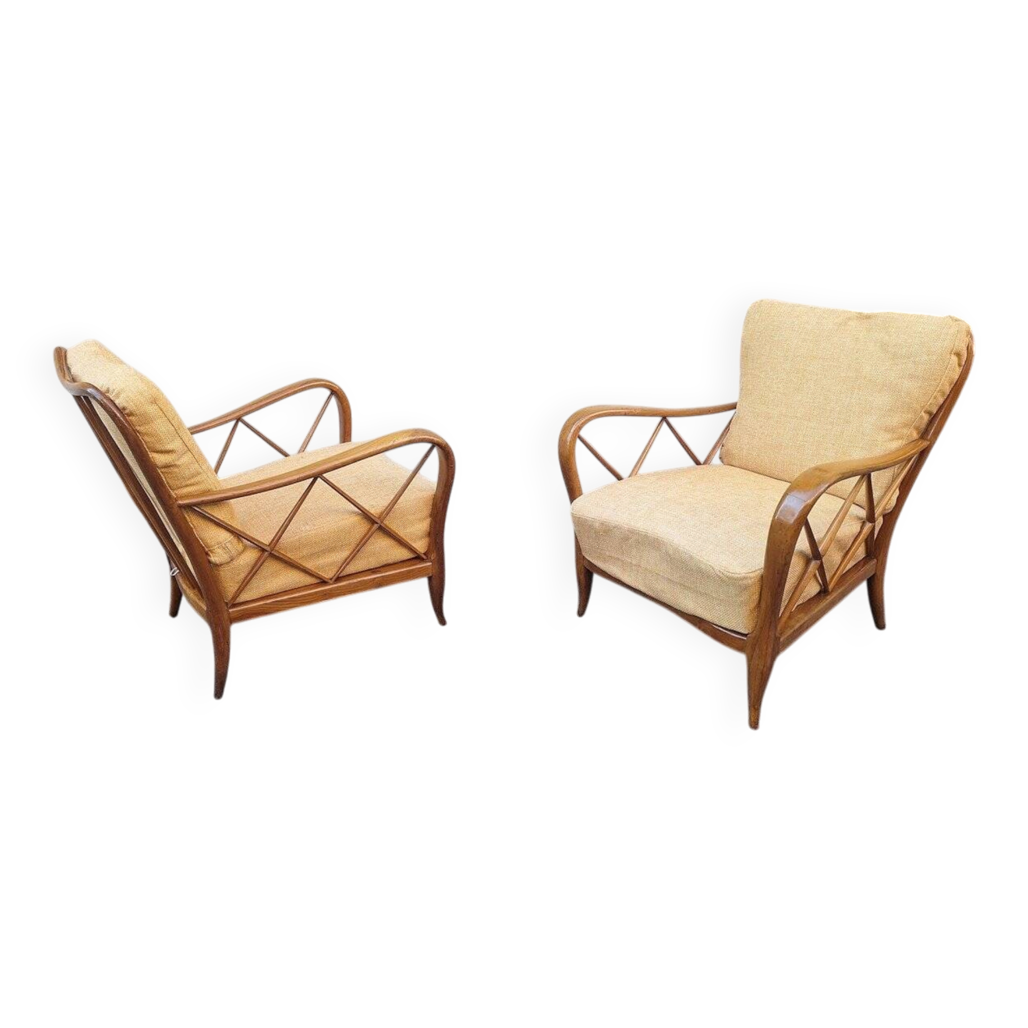 Armchairs in Wood and Yellow Fabric from Paolo Buffa, 1940s, Set of 2