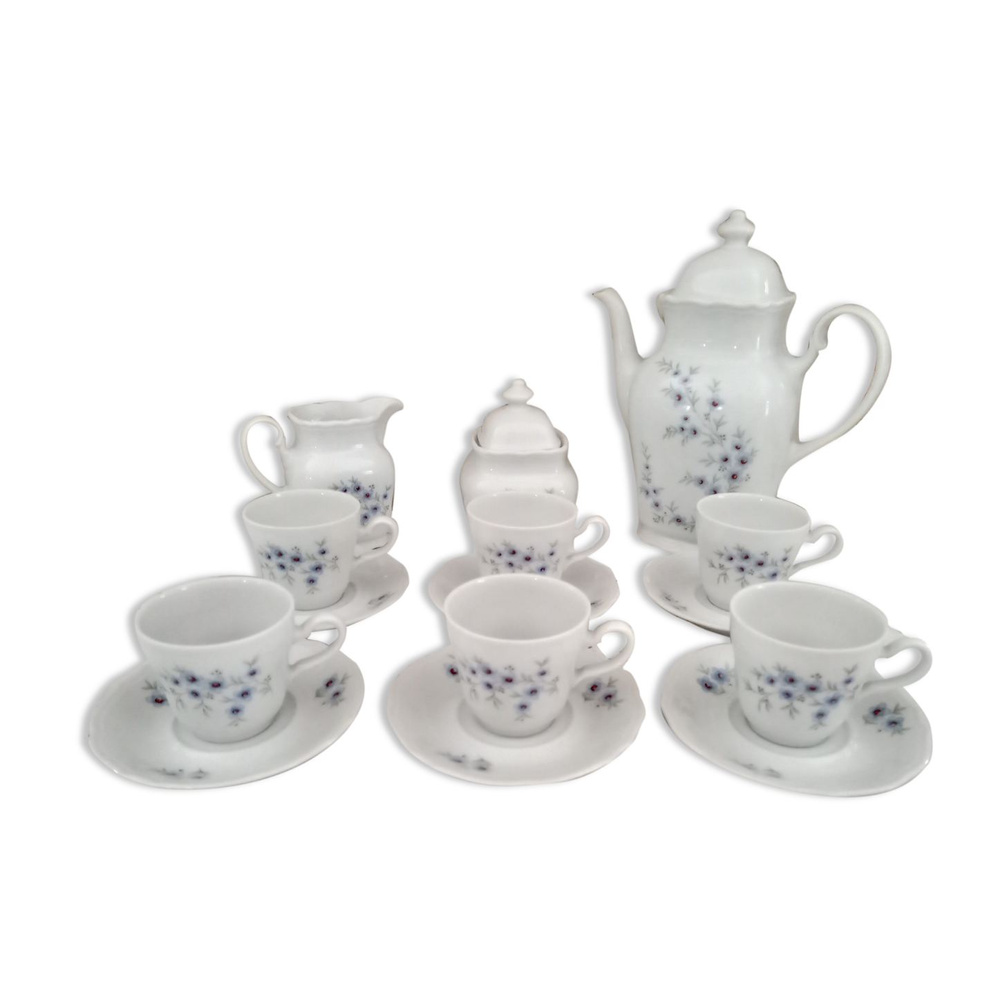 Vintage 15-piece coffee set in white porcelain Bavaria with small blue flowers