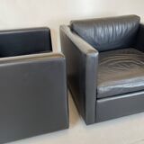 Pair of Black Leather Cube Club-Chairs by Charles Pfister for Knoll, 1980s