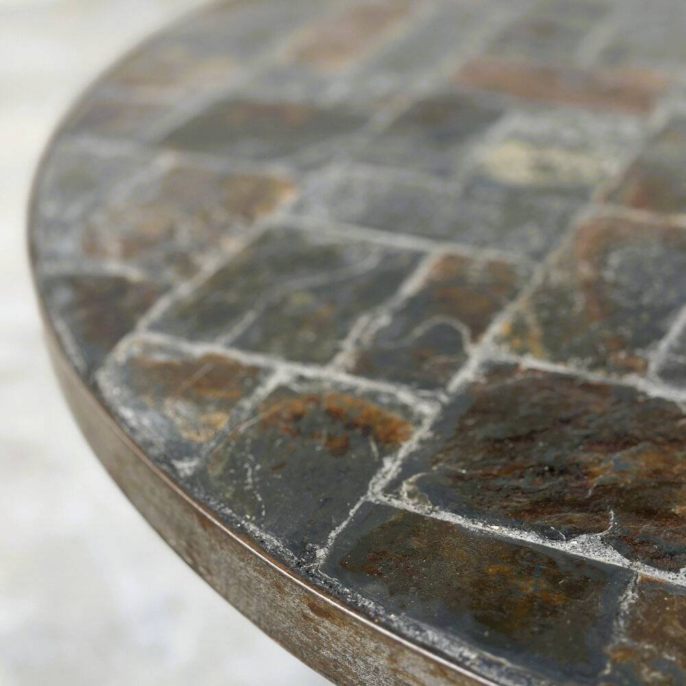 1970s round slate stone mosaic coffee table with sculptural metal base
