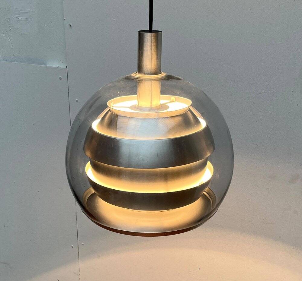 Suspended globe lamp in aluminium and glass in German Space style from the 1960s mid-century by Doria.