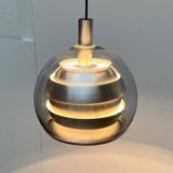 Suspended globe lamp in aluminium and glass in German Space style from the 1960s mid-century by Doria.