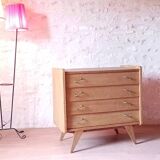 Renovated vintage chest of drawers with compass legs in light gilded wood, 1950-1960