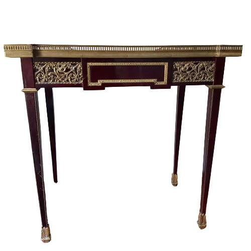 Living room table, Louis XVI style desk in wood, marble and brass