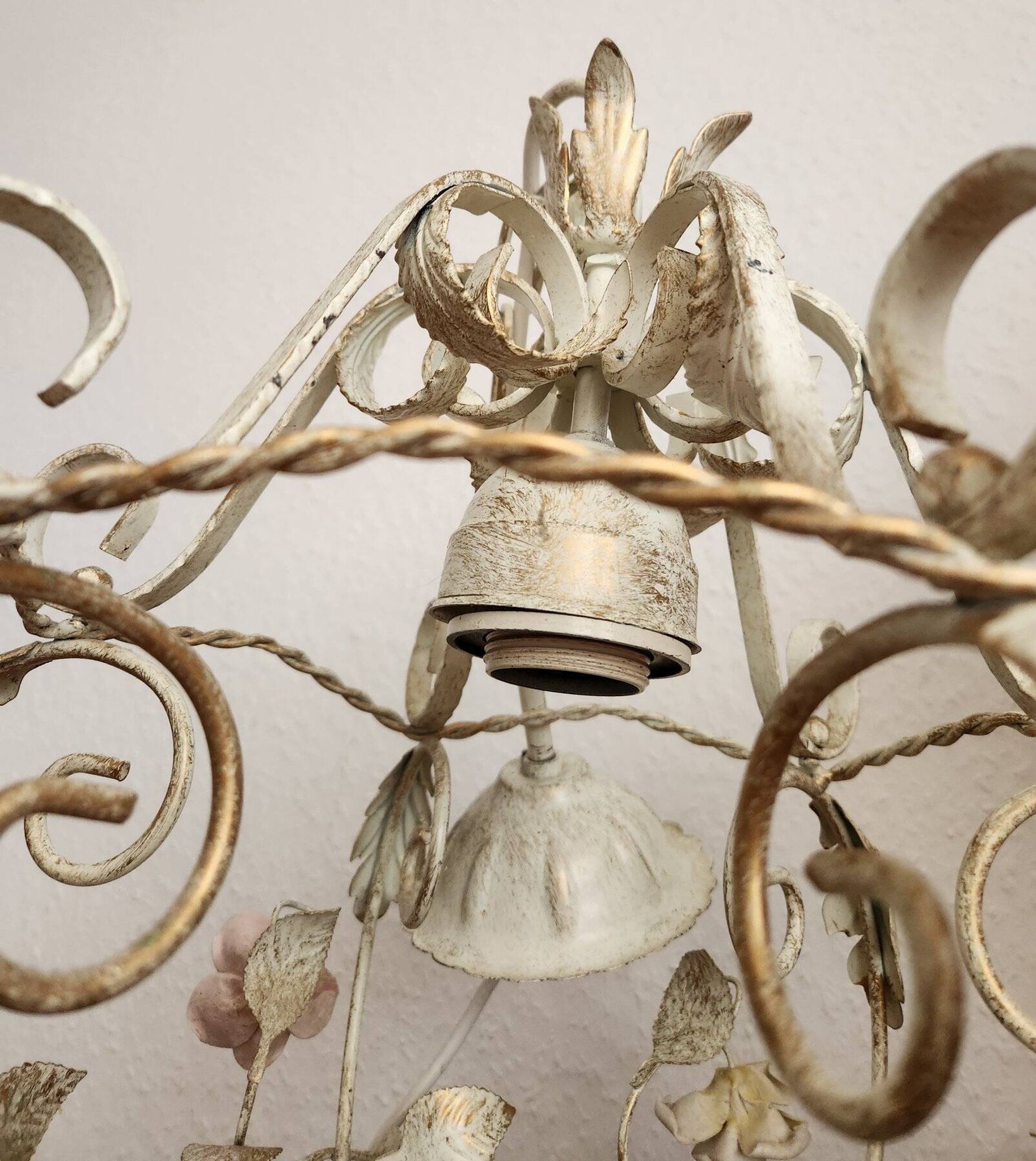 Hand-forged vintage pendant lamp with porcelain roses, Denz Neheim Hüsten